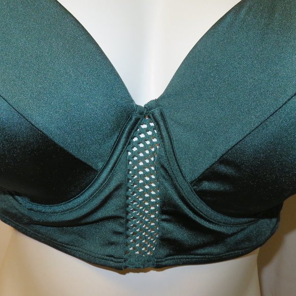 Cacique Bikini Top 46D Green Balconette Bra Swim Suit Pin Up Top Underwire Plus - Picture 5 of 5
